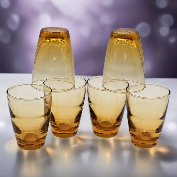 Libbey Amber Glass Tumblers Set Of 6 Vintage Golden Wave MCM Barware - Picture 1 of 7